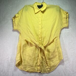 Lauren Ralph Lauren Women's Yellow Linen Tie Front Short Sleeve Shirt XS